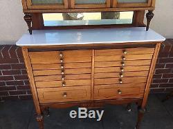 Antique Medical Dental Cabinet with White milk glass 14 drawer