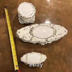Antique Milk Glass 6-pc Victorian gold and white embossed milk glass vanity set