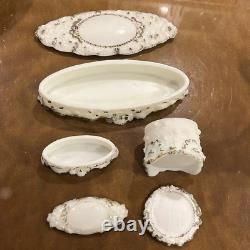 Antique Milk Glass 6-pc Victorian gold and white embossed milk glass vanity set