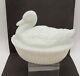 Antique Milk Glass Attenbury & Co Duck On Reeds Base Covered Candy Dish C. 1902