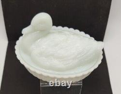 Antique Milk Glass Attenbury & Co Duck on Reeds Base Covered Candy Dish C. 1902