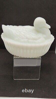 Antique Milk Glass Attenbury & Co Duck on Reeds Base Covered Candy Dish C. 1902