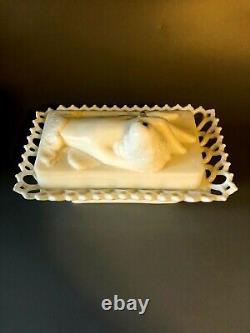 Antique Milk Glass Covered dish Lady Glove Hand Bird Dove Pat. August 1889