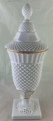 Antique Milk Glass English Hobnail Lidded Vase Urn Gold Rim Rare