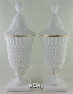 Antique Milk Glass English Hobnail Lidded Vase Urn Pair Gold Rim Rare