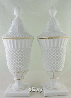 Antique Milk Glass English Hobnail Lidded Vase Urn Pair Gold Rim Rare
