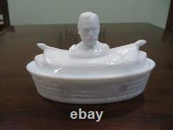 Antique Milk Glass Figure Dewey Butter Dish Or Candy Dish Lidded 6 1/2 X 4 1/4