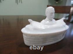 Antique Milk Glass Figure Dewey Butter Dish Or Candy Dish Lidded 6 1/2 X 4 1/4