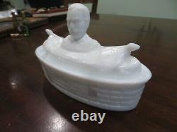 Antique Milk Glass Figure Dewey Butter Dish Or Candy Dish Lidded 6 1/2 X 4 1/4