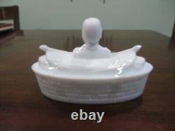 Antique Milk Glass Figure Dewey Butter Dish Or Candy Dish Lidded 6 1/2 X 4 1/4