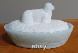 Antique Milk Glass Flaccus Bo Peep sheep covered dish