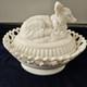Antique Milk Glass Fox/ Wolf On Dancing Sailor Lacy Base Covered Serving Dish