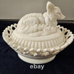 Antique Milk Glass Fox/ Wolf On Dancing Sailor Lacy Base Covered Serving Dish