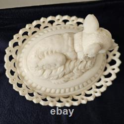 Antique Milk Glass Fox/ Wolf On Dancing Sailor Lacy Base Covered Serving Dish