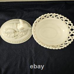Antique Milk Glass Fox/ Wolf On Dancing Sailor Lacy Base Covered Serving Dish
