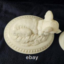 Antique Milk Glass Fox/ Wolf On Dancing Sailor Lacy Base Covered Serving Dish