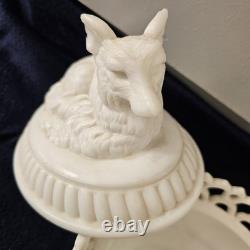 Antique Milk Glass Fox/ Wolf On Dancing Sailor Lacy Base Covered Serving Dish