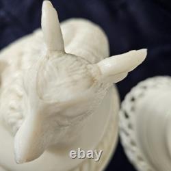 Antique Milk Glass Fox/ Wolf On Dancing Sailor Lacy Base Covered Serving Dish