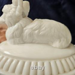 Antique Milk Glass Fox/ Wolf On Dancing Sailor Lacy Base Covered Serving Dish