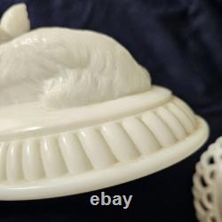Antique Milk Glass Fox/ Wolf On Dancing Sailor Lacy Base Covered Serving Dish