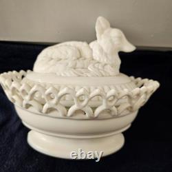 Antique Milk Glass Fox/ Wolf On Dancing Sailor Lacy Base Covered Serving Dish