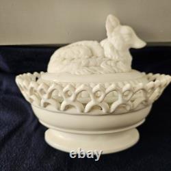 Antique Milk Glass Fox/ Wolf On Dancing Sailor Lacy Base Covered Serving Dish