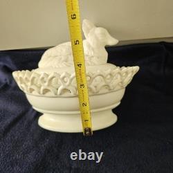 Antique Milk Glass Fox/ Wolf On Dancing Sailor Lacy Base Covered Serving Dish