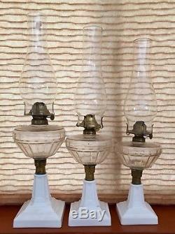 Antique Milk Glass Oil Lamp Late 1800's Set Of 3