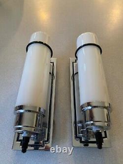 Antique Moe Bridges Pair Chrome Sconces Milk Glass Cylinder Shades Light Fixture