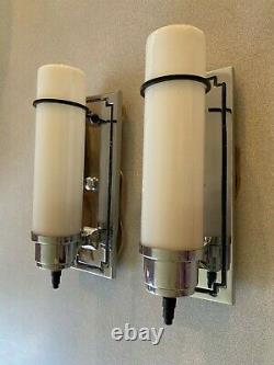 Antique Moe Bridges Pair Chrome Sconces Milk Glass Cylinder Shades Light Fixture