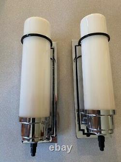 Antique Moe Bridges Pair Chrome Sconces Milk Glass Cylinder Shades Light Fixture