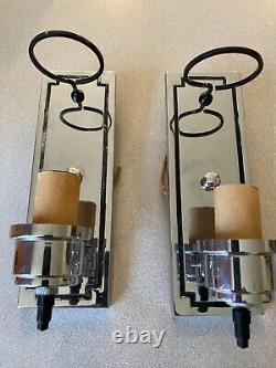 Antique Moe Bridges Pair Chrome Sconces Milk Glass Cylinder Shades Light Fixture