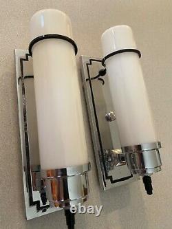 Antique Moe Bridges Pair Chrome Sconces Milk Glass Cylinder Shades Light Fixture