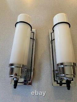 Antique Moe Bridges Pair Chrome Sconces Milk Glass Cylinder Shades Light Fixture