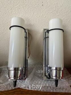 Antique Moe Bridges Pair Chrome Sconces Milk Glass Cylinder Shades Light Fixture