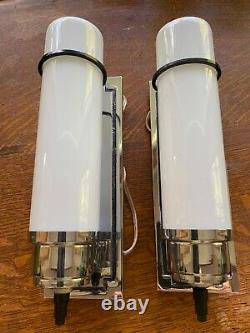 Antique Moe Bridges Pair Chrome Sconces Milk Glass Cylinder Shades Light Fixture