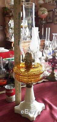 Antique Oil Lamp, Amber Moon And Stars + Tall White Milk Glass Base 12 Lamp