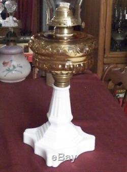 Antique Oil Lamp, Amber Moon And Stars + Tall White Milk Glass Base 12 Lamp