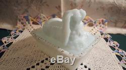 Antique Opaque Milk Glass Pekinese Covered Candy Dish
