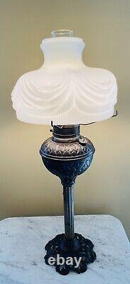 Antique Ornate Brass Parlor Banquet Lamp With Milk Glass Shade- Electrified 26