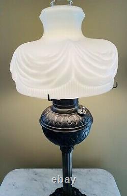Antique Ornate Brass Parlor Banquet Lamp With Milk Glass Shade- Electrified 26