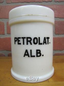 Antique PETROLAT. ALB. White Milk Glass Apothecary Jar Whitall Tatum Co Phila NY
