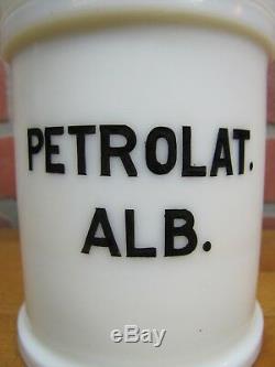 Antique PETROLAT. ALB. White Milk Glass Apothecary Jar Whitall Tatum Co Phila NY