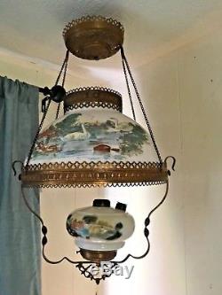 Antique Painted Milk Glass Swan Hanging Kerosene Library/Parlor Lamp PICC