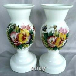 Antique Pair Westmoreland Hand Painted 7 3/8 Vase Milk Glass