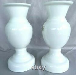 Antique Pair Westmoreland Hand Painted 7 3/8 Vase Milk Glass