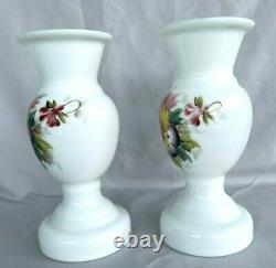 Antique Pair Westmoreland Hand Painted 7 3/8 Vase Milk Glass