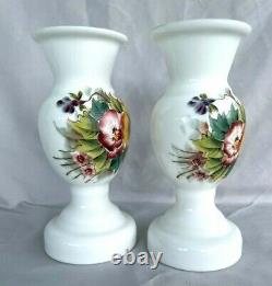 Antique Pair Westmoreland Hand Painted 7 3/8 Vase Milk Glass