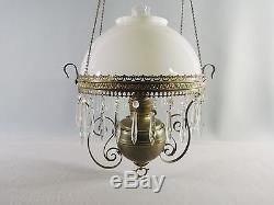 Antique Parlor Oil Lamp Chandelier Royal Center Draft White Milk Glass Shade