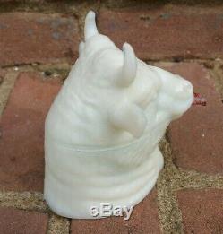 Antique RARE Atterbury Milk Glass Bull Steer Head Mustard Covered Dish with Spoon